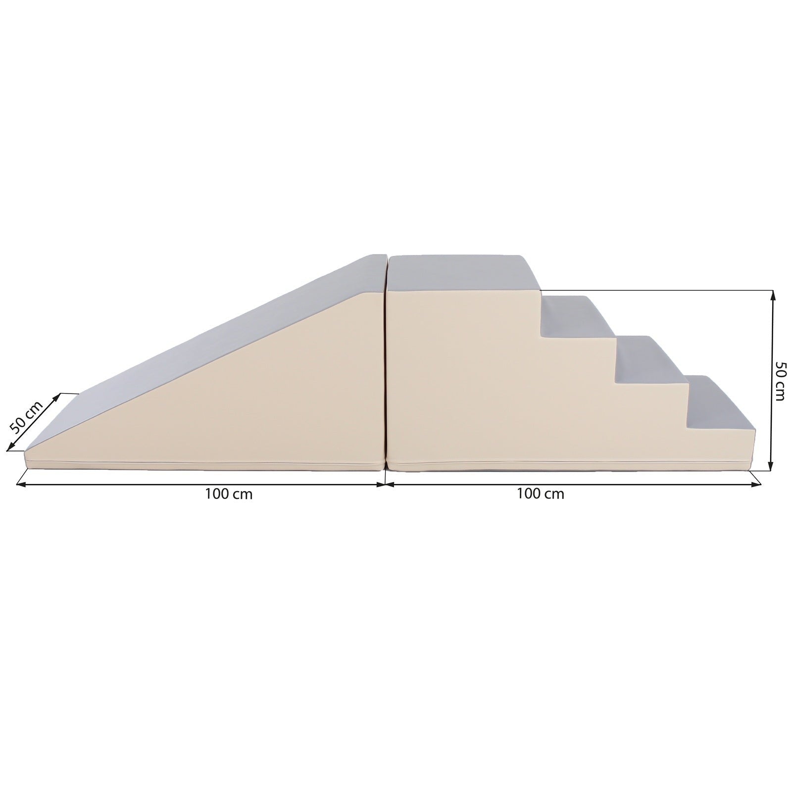 beige and grey soft play step and slide set with kids giggling as they climb and slide