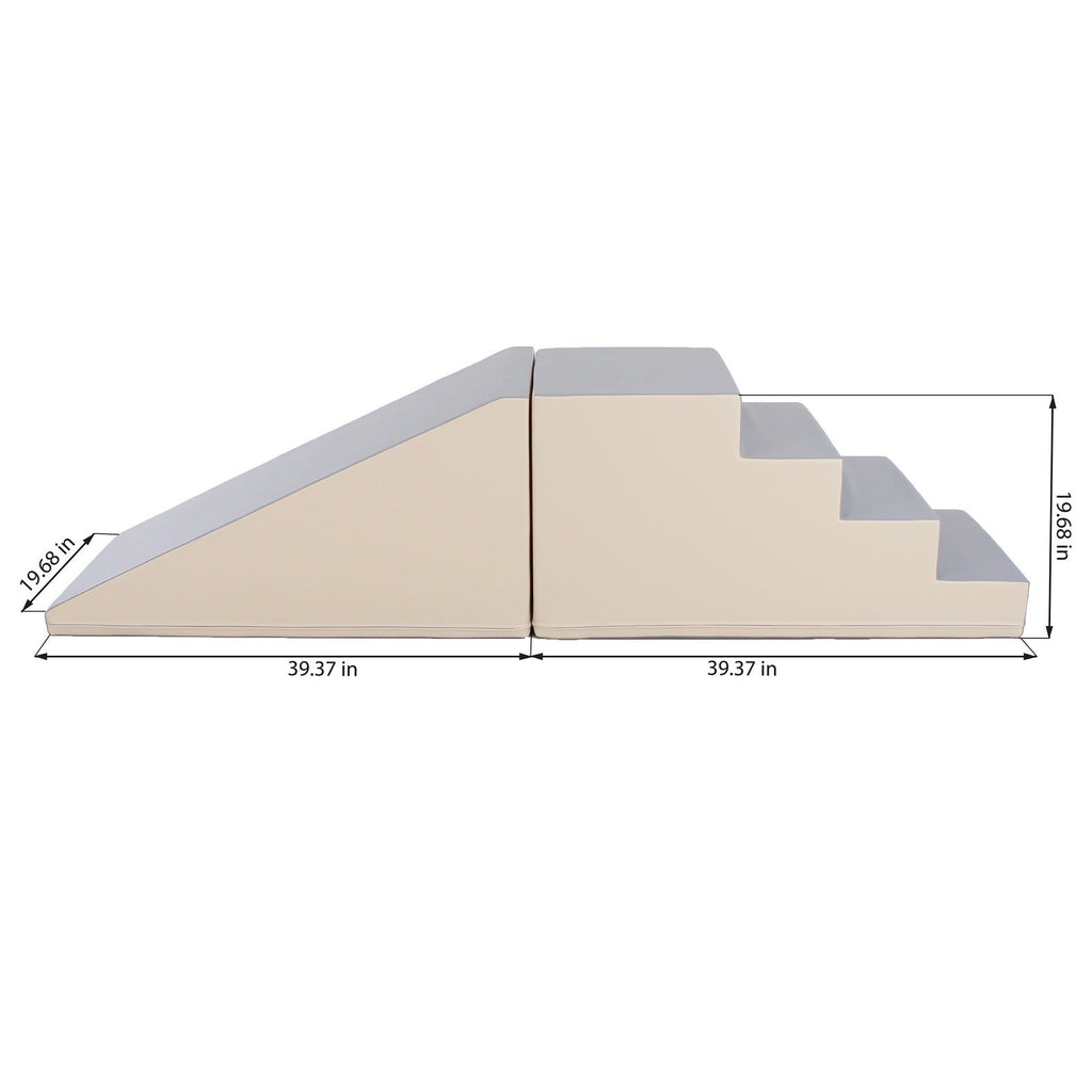 beige and grey soft play step and slide set with kids laughing, showcasing durability and fun