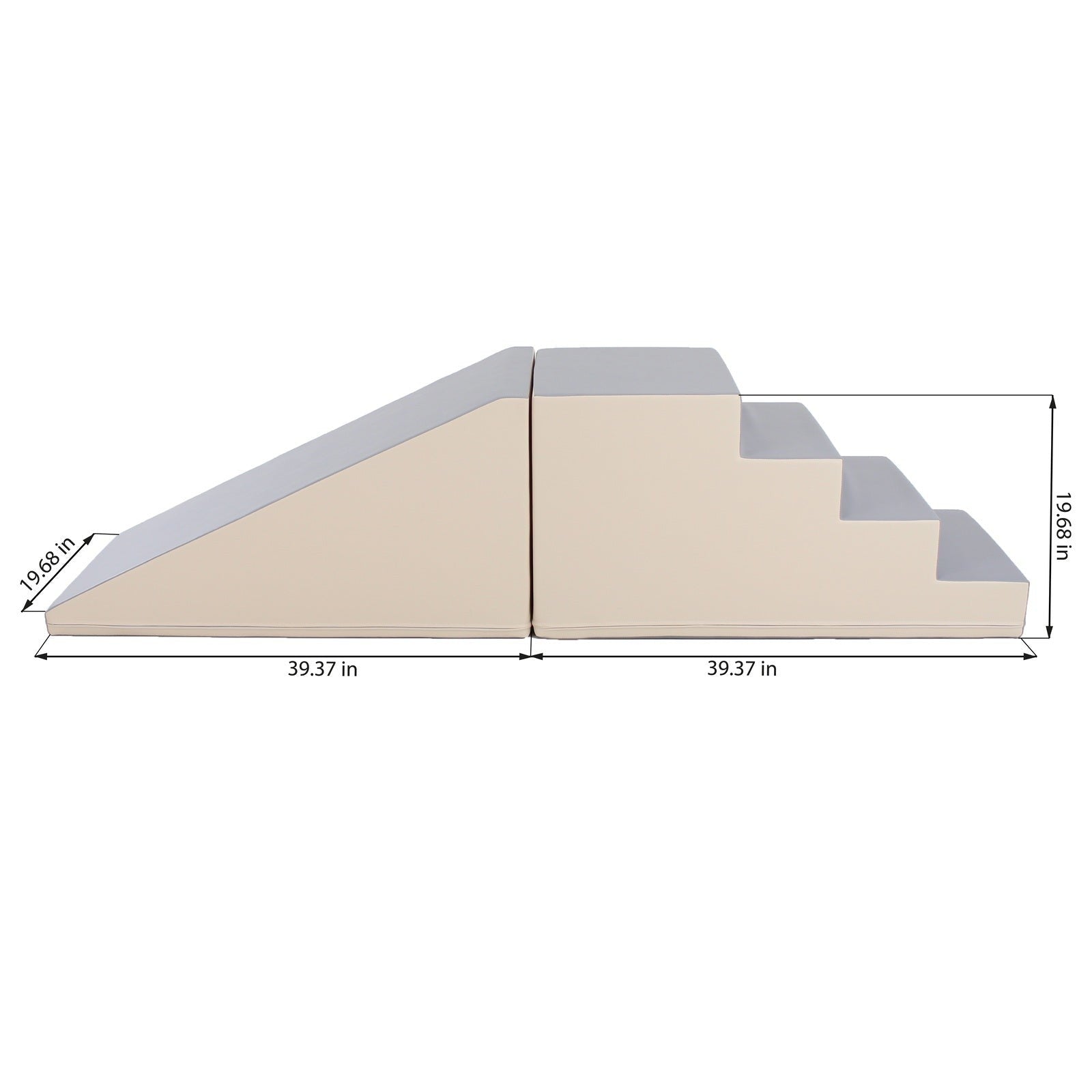 beige and grey soft play step and slide set with kids laughing, showcasing durability and fun