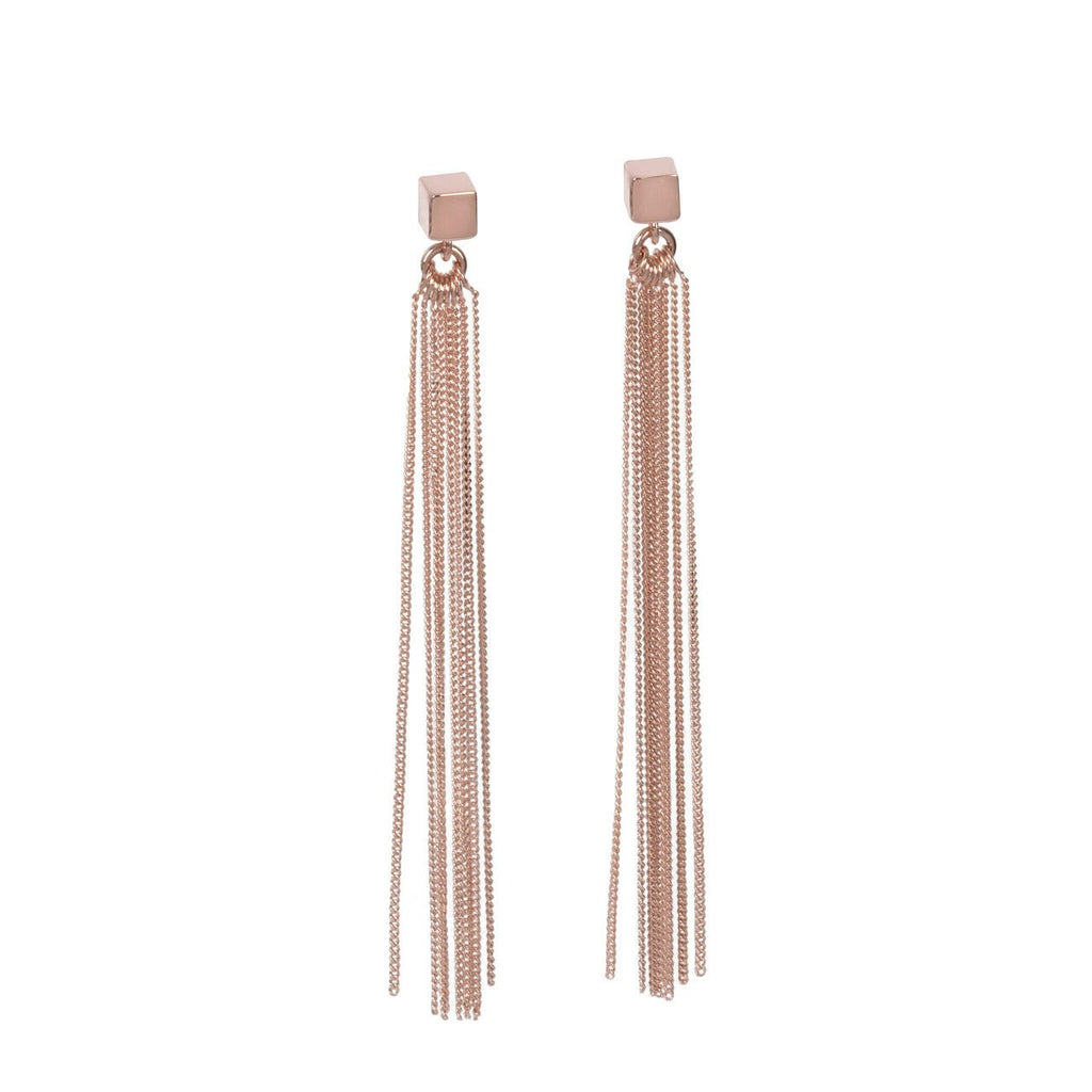 Cube Stud Earrings with Chain Tassels - Elegant 925 Silver, 7cm Length by MyaMoon at www.brixbailey.com