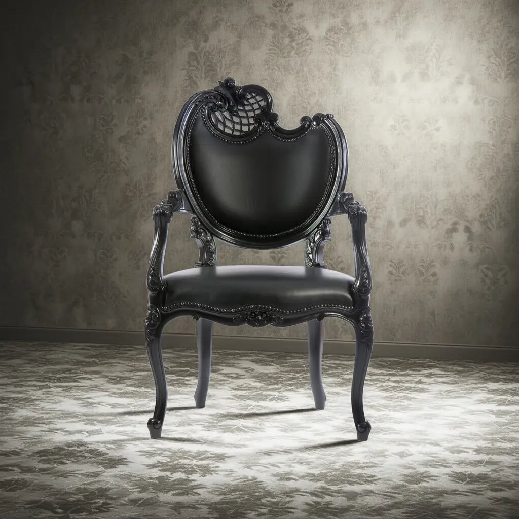 Decorative black chair with intricate designs on a textured wall background sostter.pro