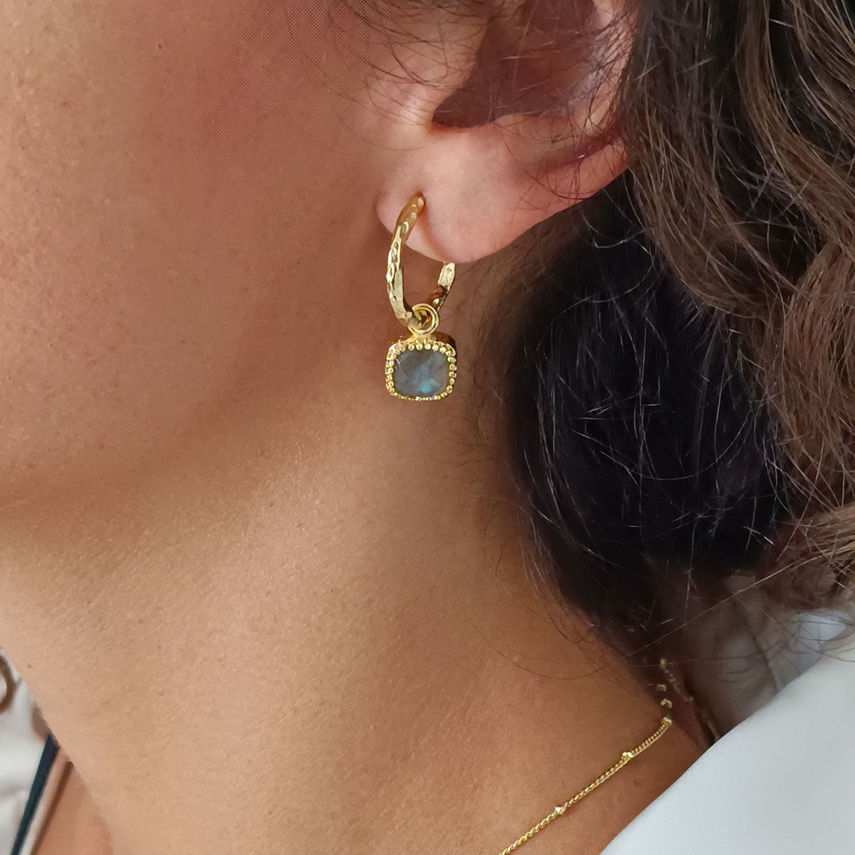 Labradorite Square Charm Gold Hoop Earrings