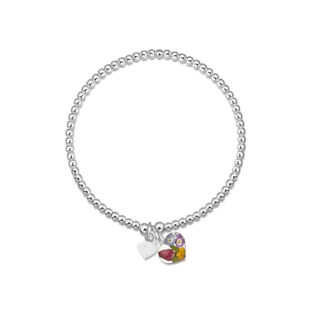 Sterling Silver Beaded Bracelet with Real Flower Charm and Heart