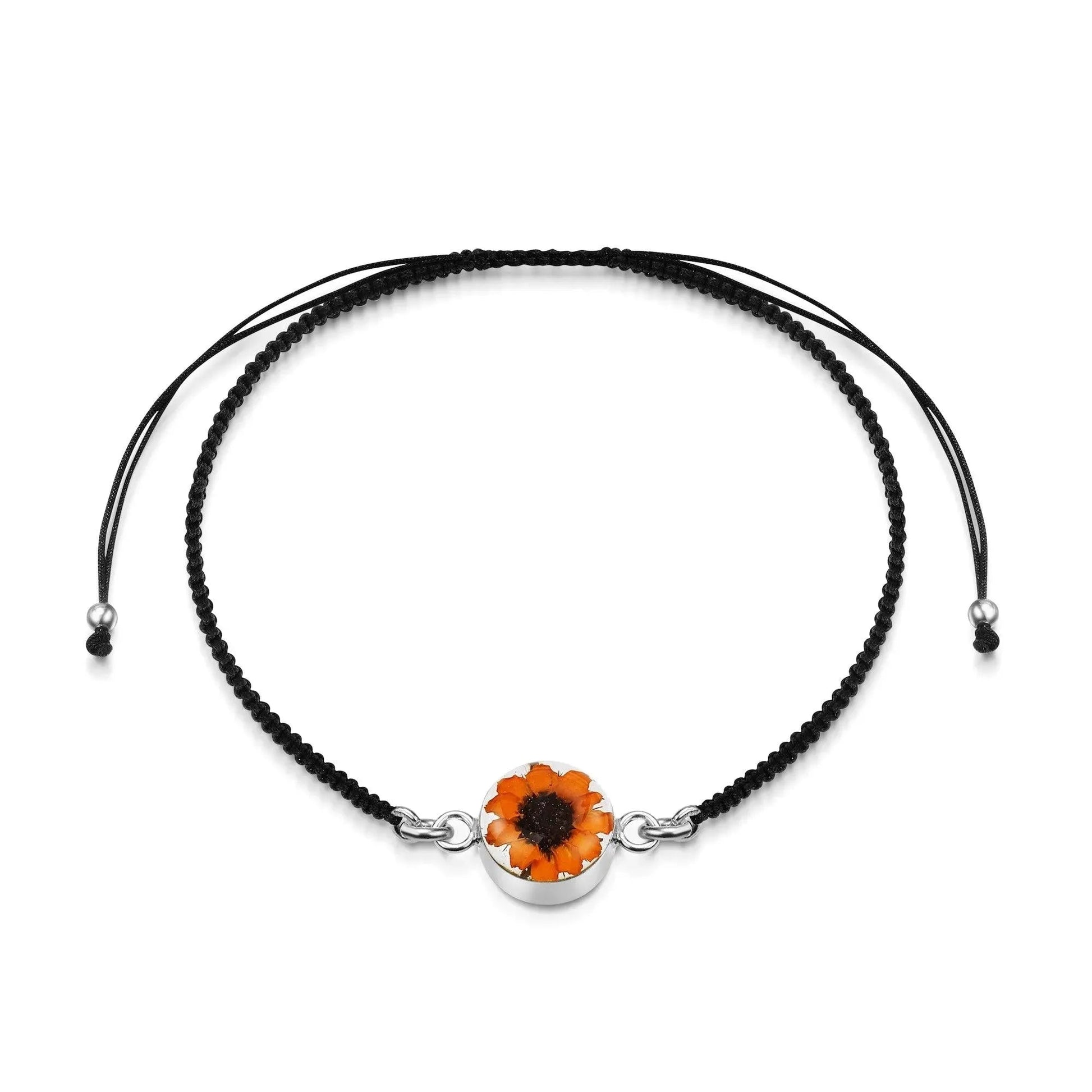 Sterling Silver Black Woven Bracelet with Sunflower Charm