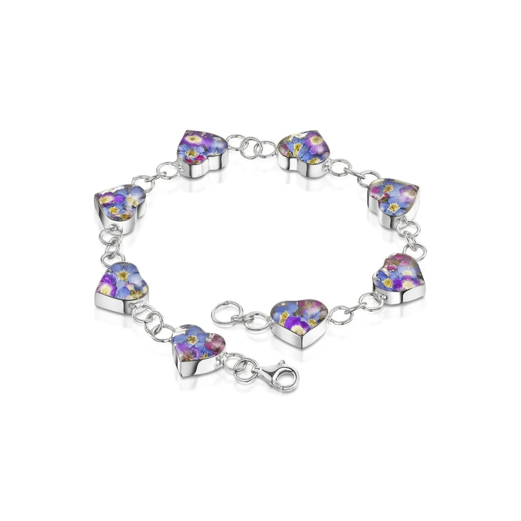 Sterling Silver Bracelet with Purple Flowers and Forget Me Nots in Heart Shapes