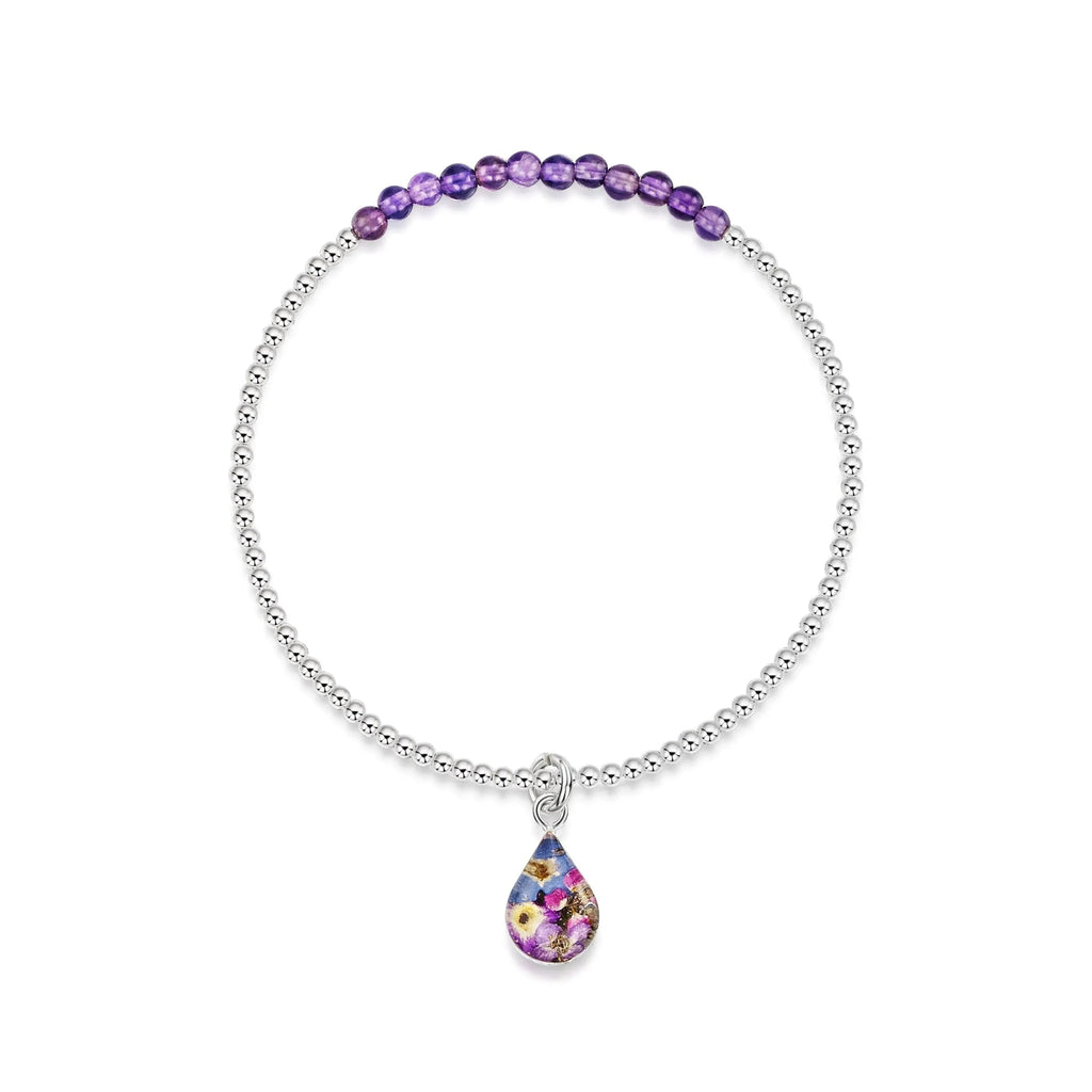 Sterling Silver Amethyst Beaded Bracelet with Purple Haze Flowers