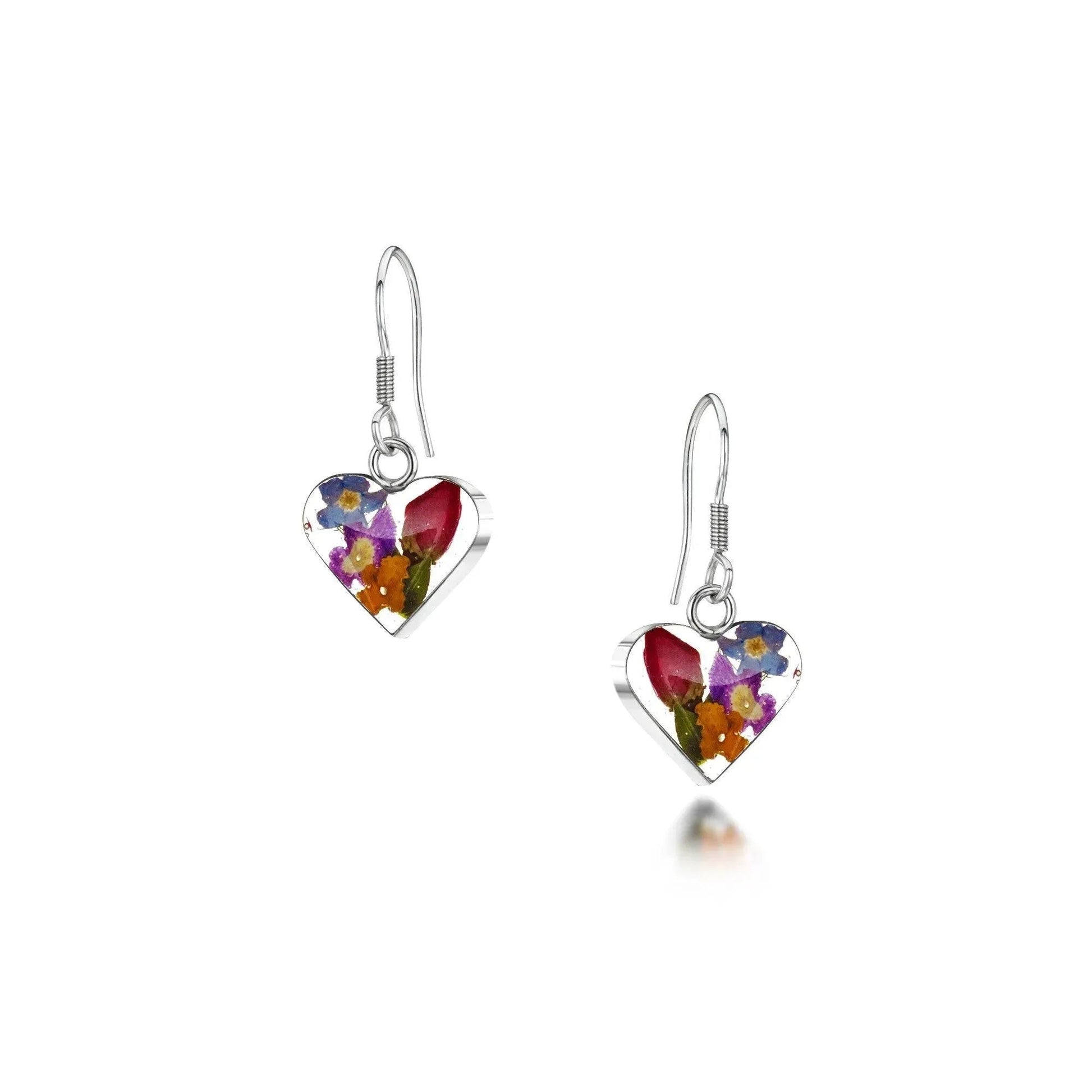 Sterling Silver Heart Shaped Earrings with Real Miniature Flowers