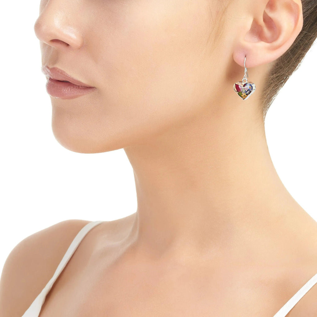 Sterling Silver Heart Shaped Earrings with Real Miniature Flowers