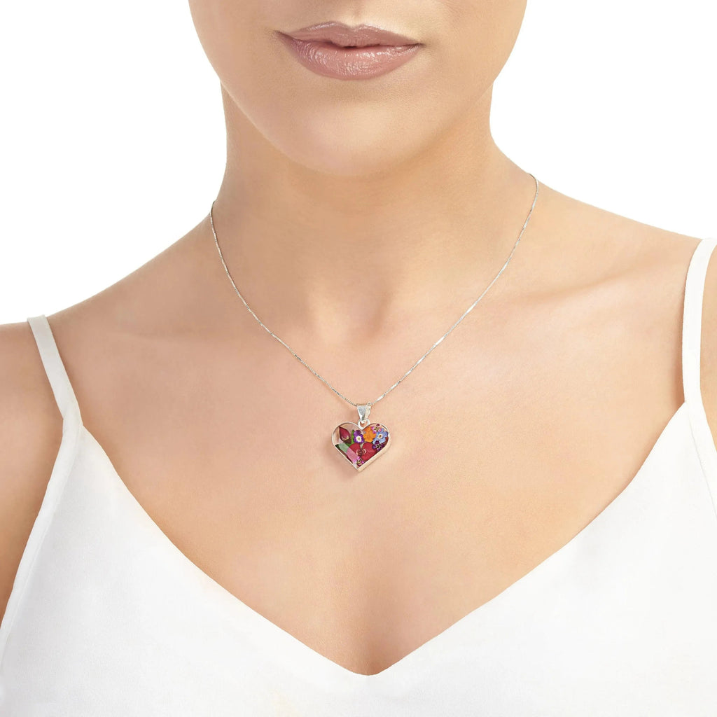 Sterling Silver Heart Pendant Necklace with Real Preserved Flowers