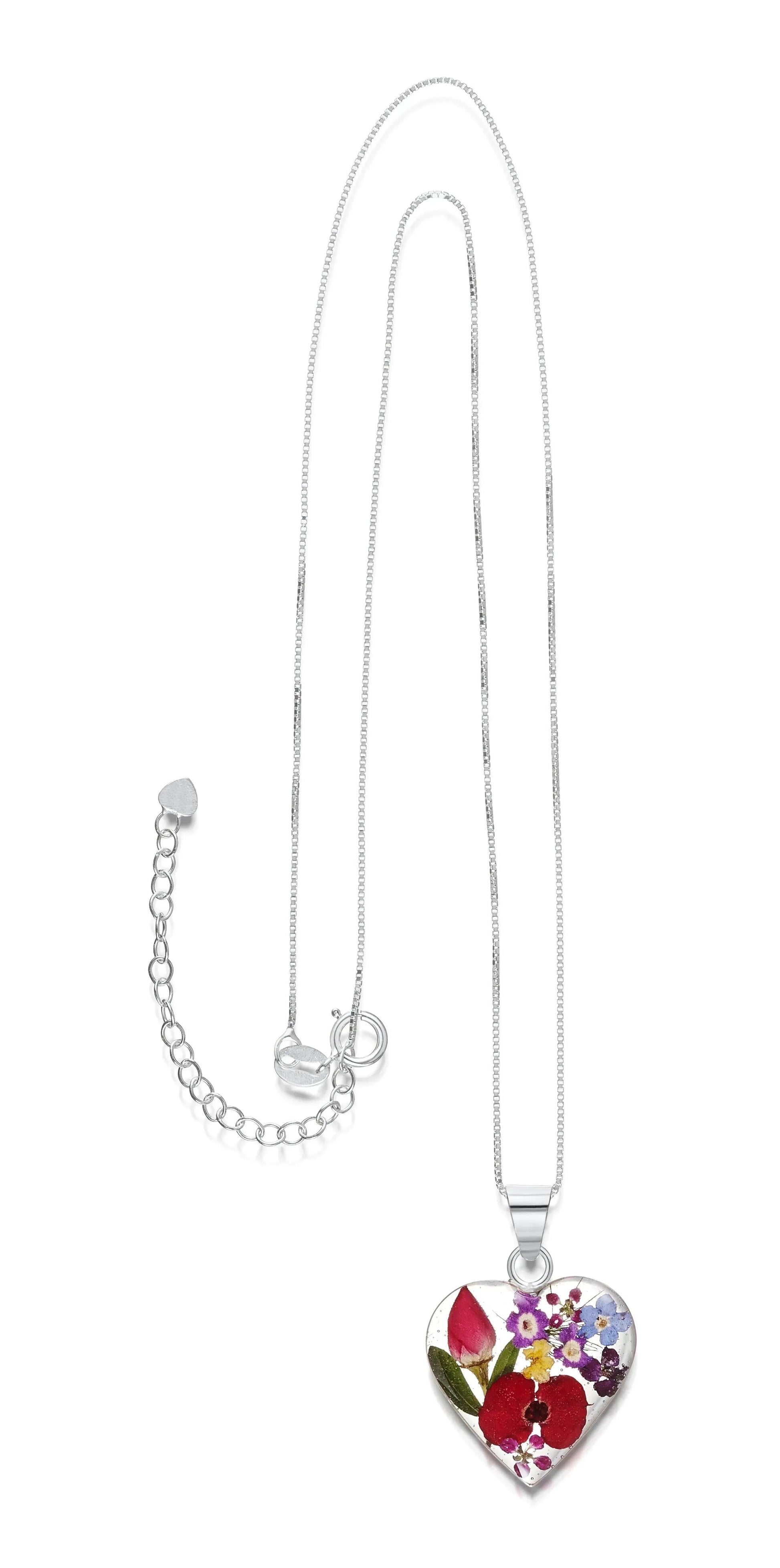 Sterling Silver Heart Pendant Necklace with Real Preserved Flowers
