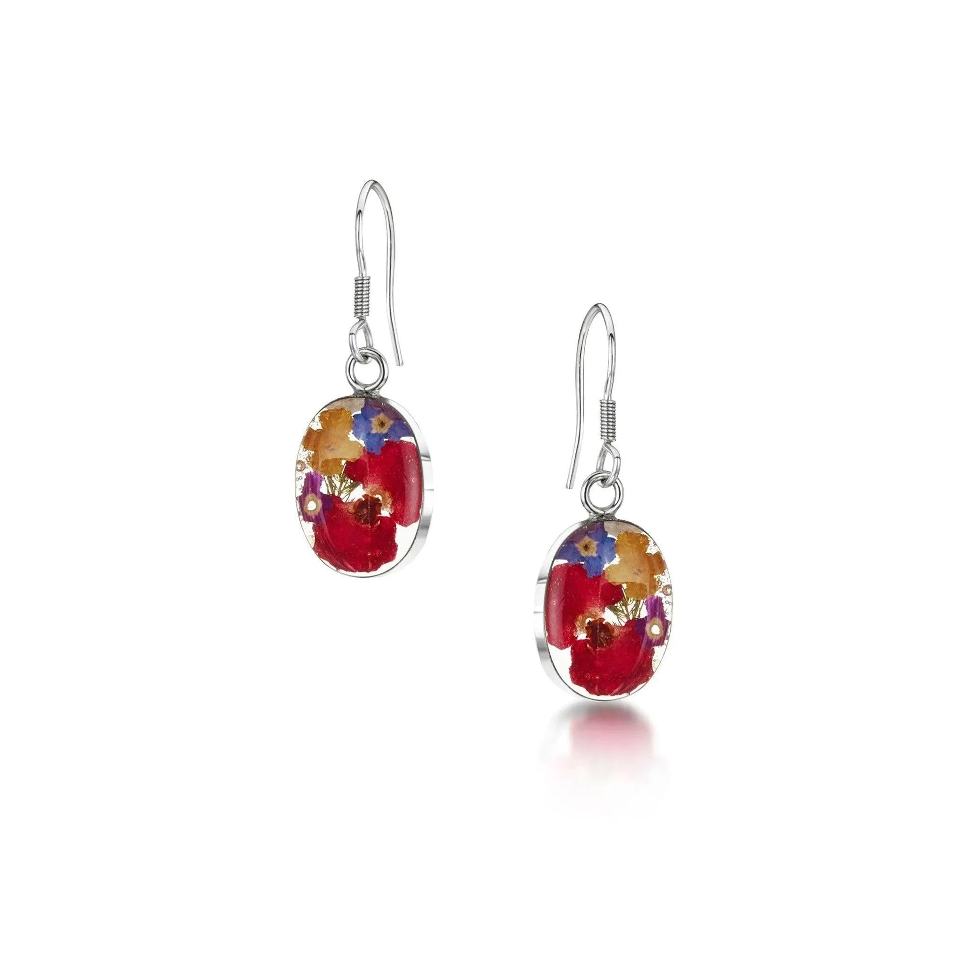 Sterling Silver Oval Dangle Earrings with Real Flowers