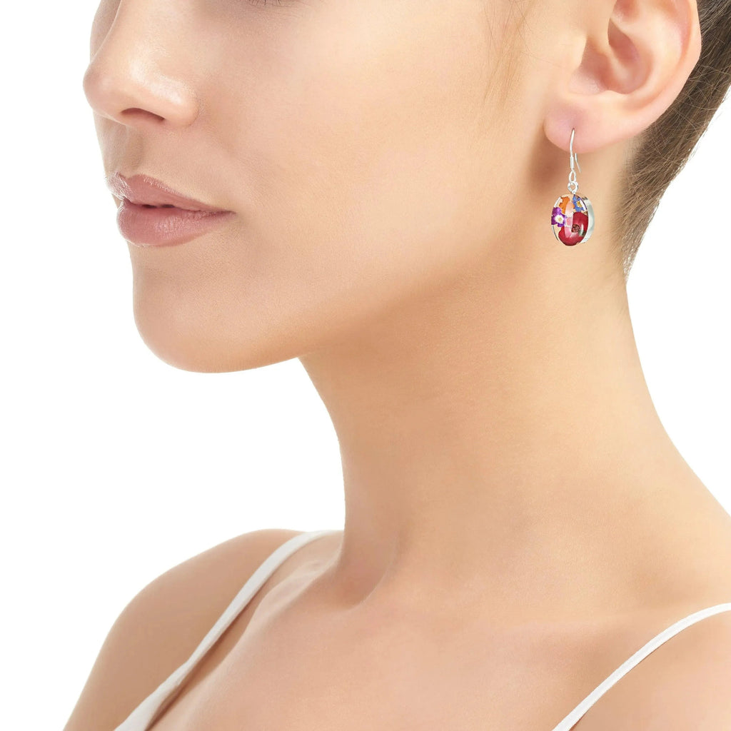 Sterling Silver Oval Dangle Earrings with Real Flowers