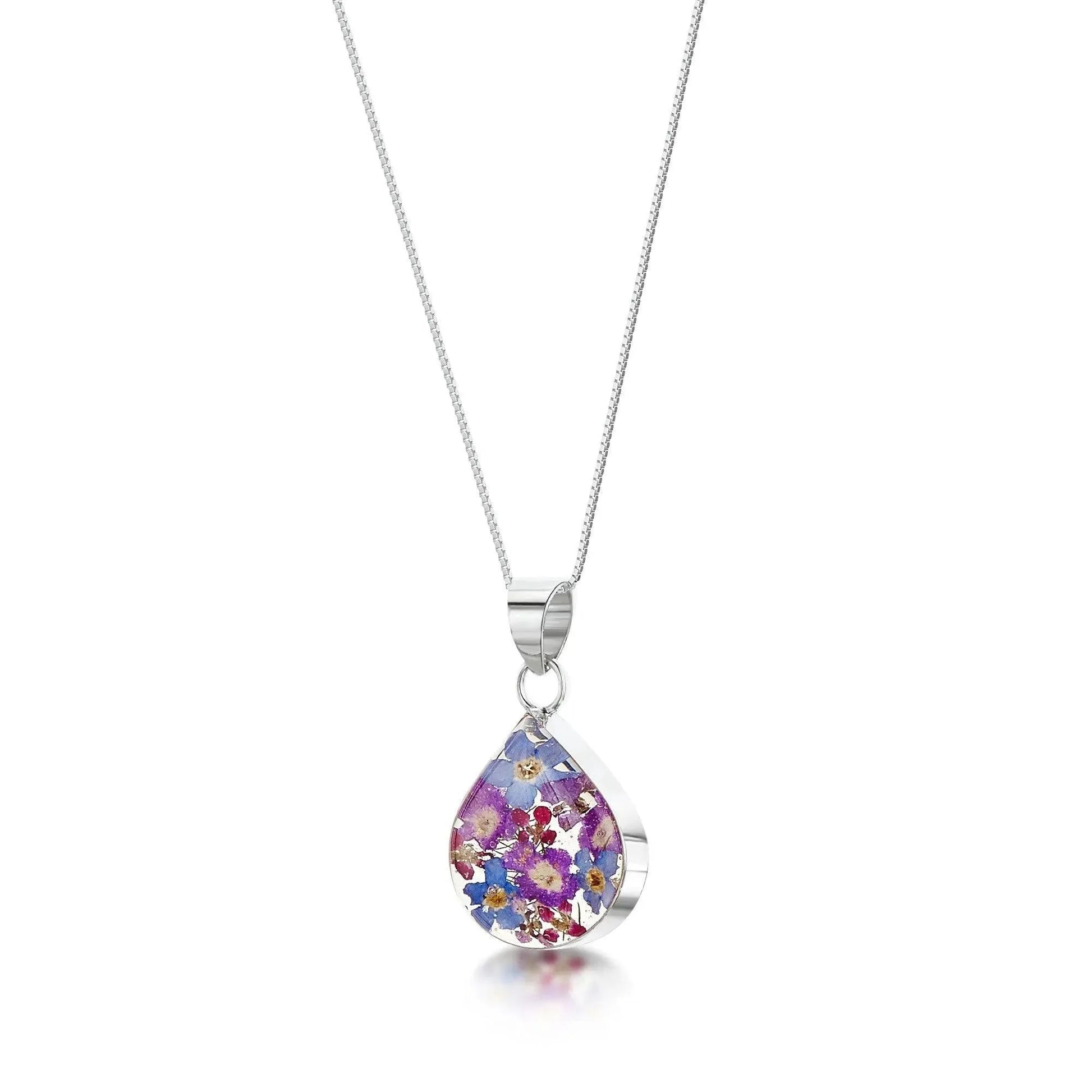 Sterling Silver Purple Haze Medium Teardrop Pendant with Real Flowers