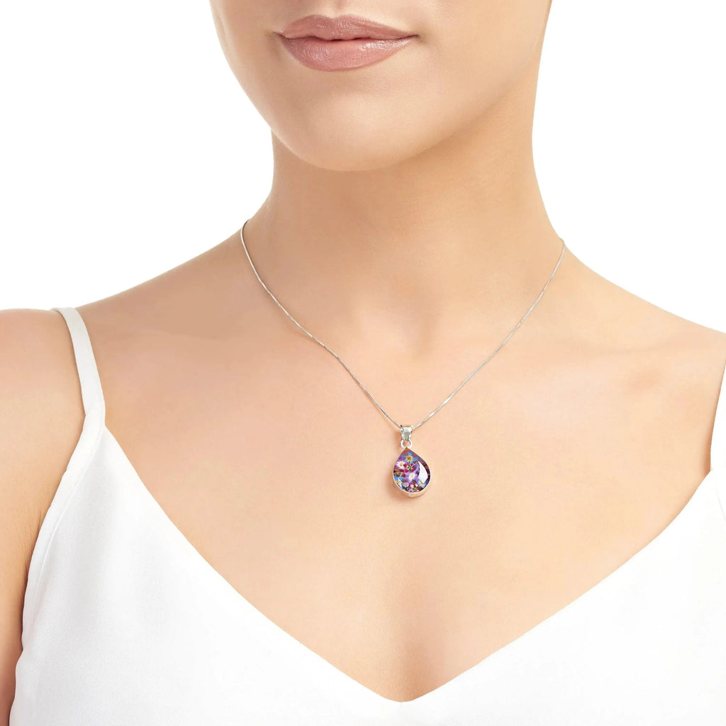 Sterling Silver Purple Haze Medium Teardrop Pendant with Real Flowers