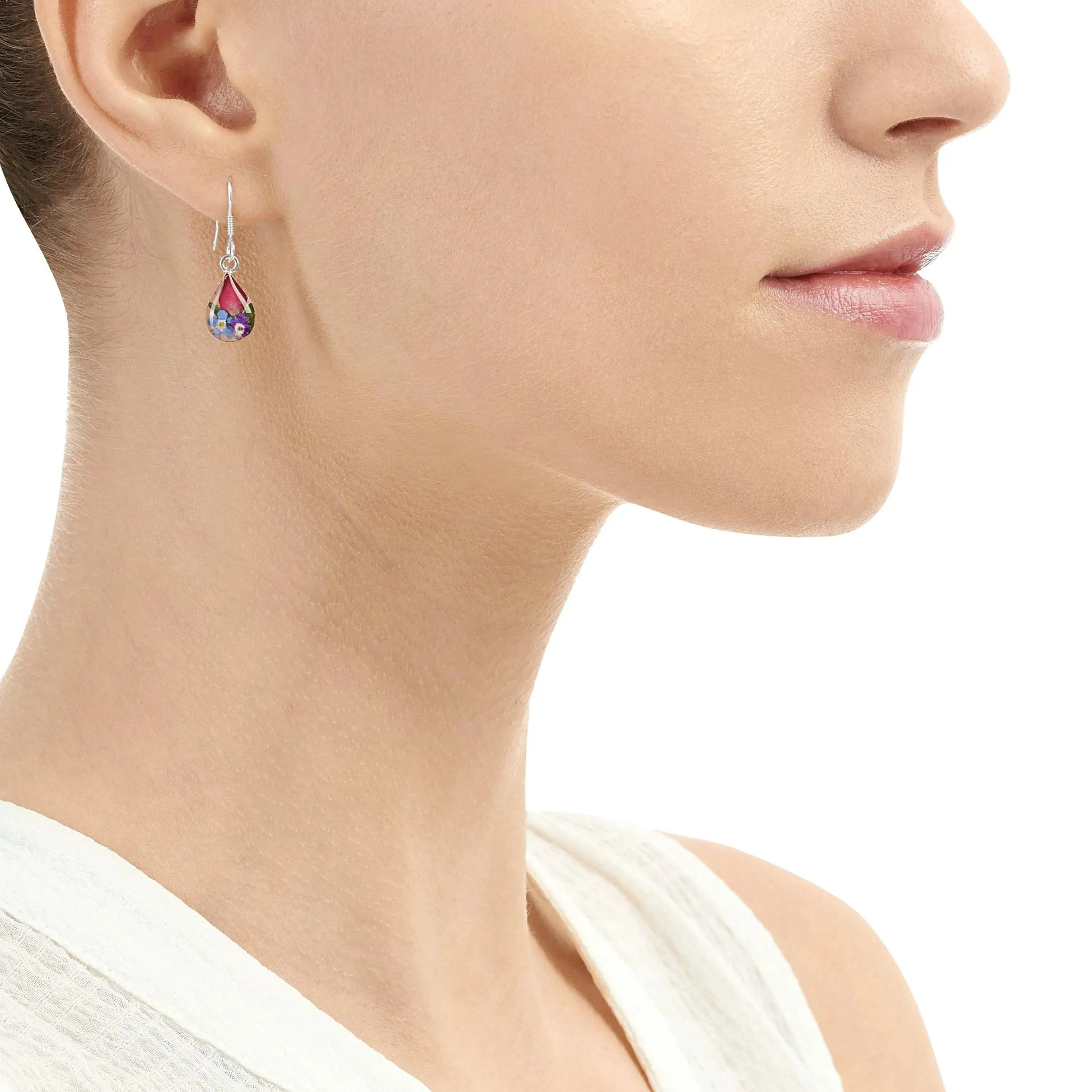 Sterling Silver Teardrop Dangle Earrings with Real Flowers