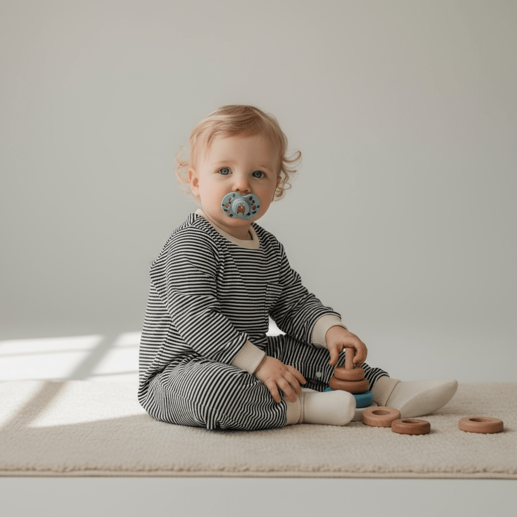 Striped Long Sleeve Romper in Black and Cream