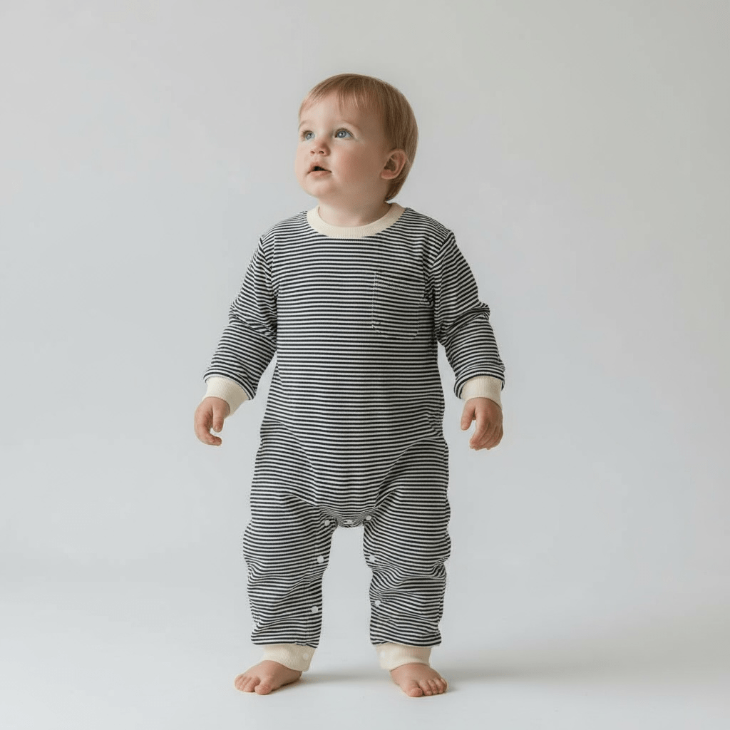 Striped Long Sleeve Romper in Black and Cream