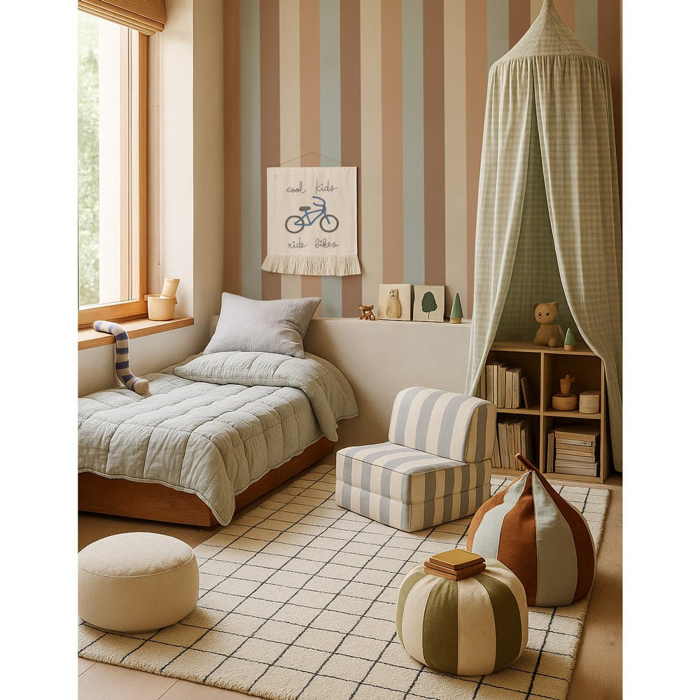 bold stripes four natural wallpaper in a modern boy's room with beige and mocha tones