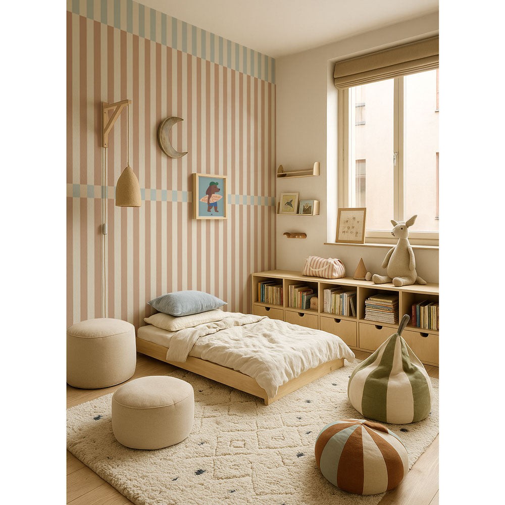 bold brown and blue striped wallpaper with a confident vintage wave pattern for a kids room