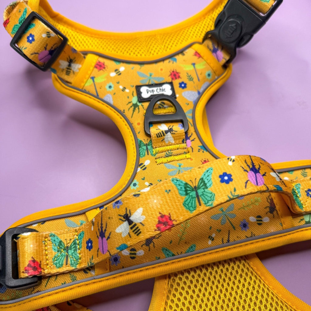 Summer Buzzin Yellow Insect Print No Pull Dog Harness, Adjustable Step In XS to XL