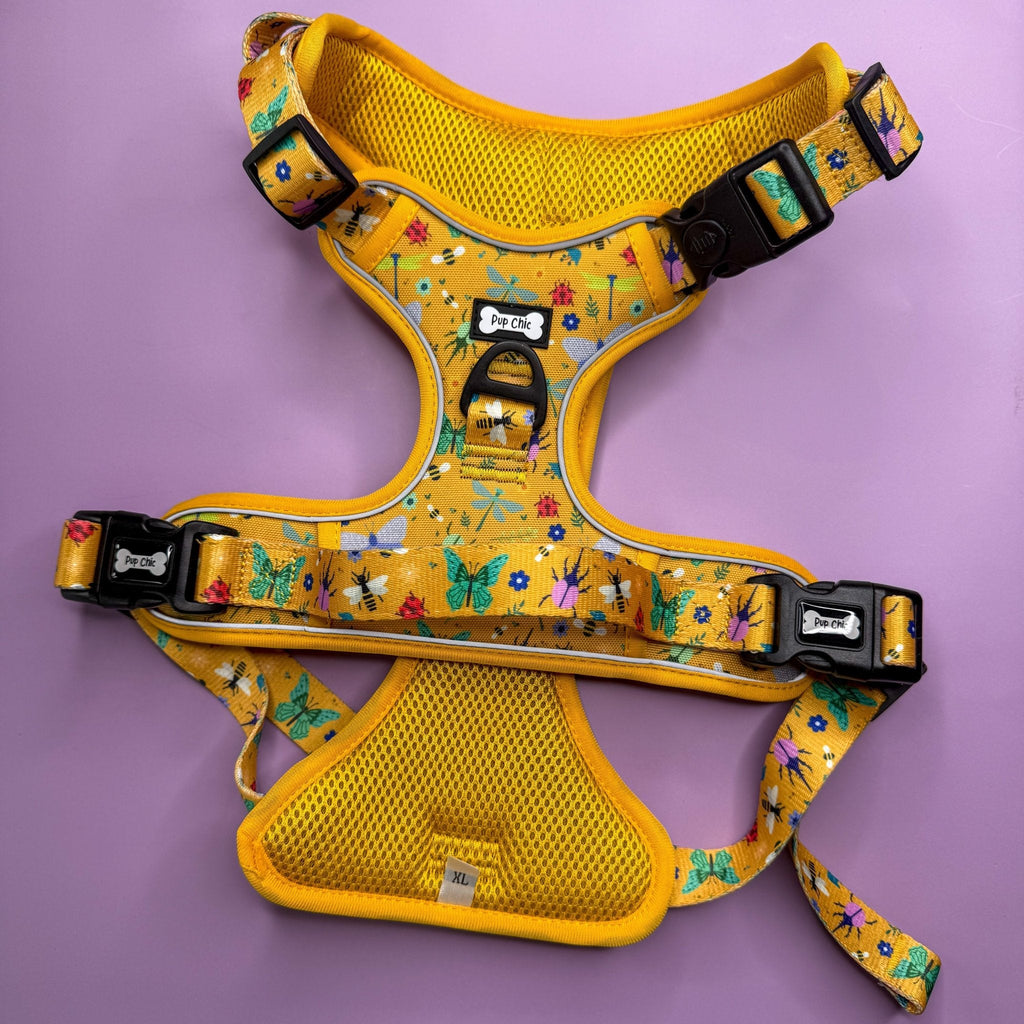Summer Buzzin Yellow Insect Print No Pull Dog Harness, Adjustable Step In XS to XL