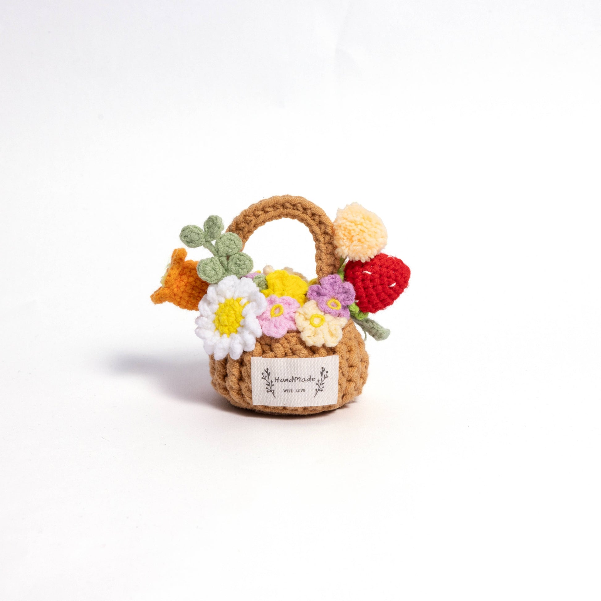 Handmade Miniature Flower Basket with Crocheted Blooms
