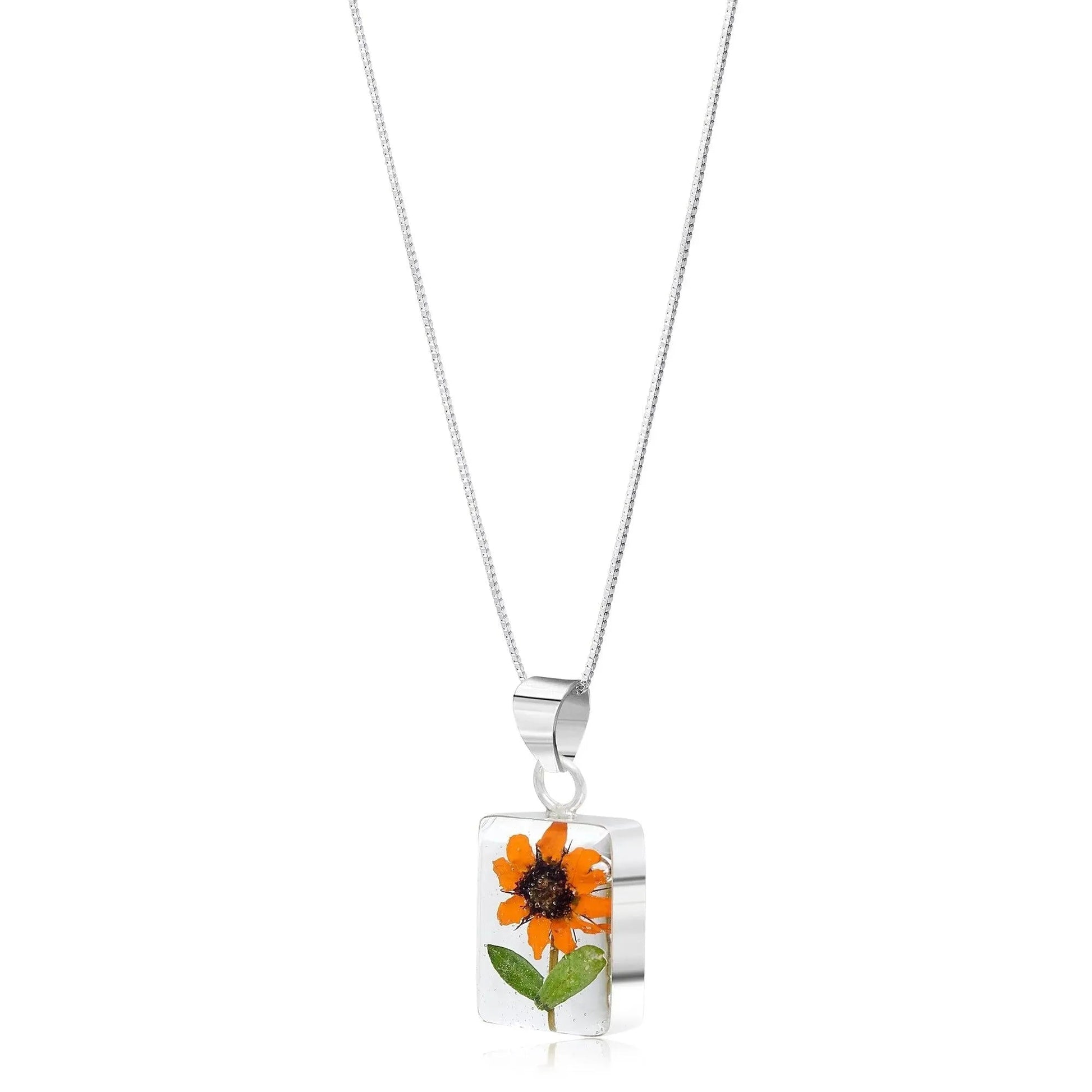 Sterling Silver Sunflower Rectangle Pendant Necklace