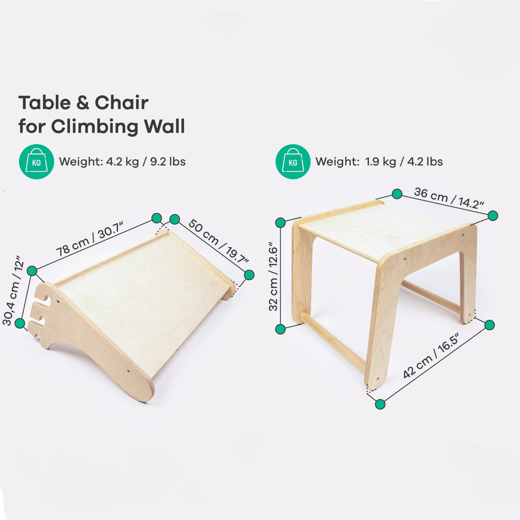 elegant birch plywood climbing table and chair set in a minimalist, sunlit nursery