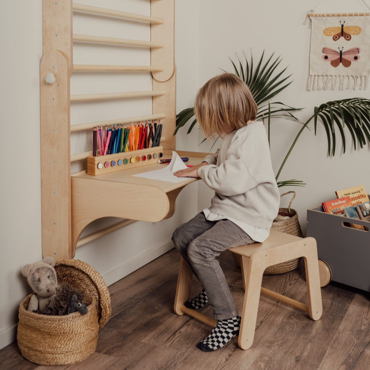 bold birch plywood climbing table and chair set for swedish wall, a confident centerpiece for active play