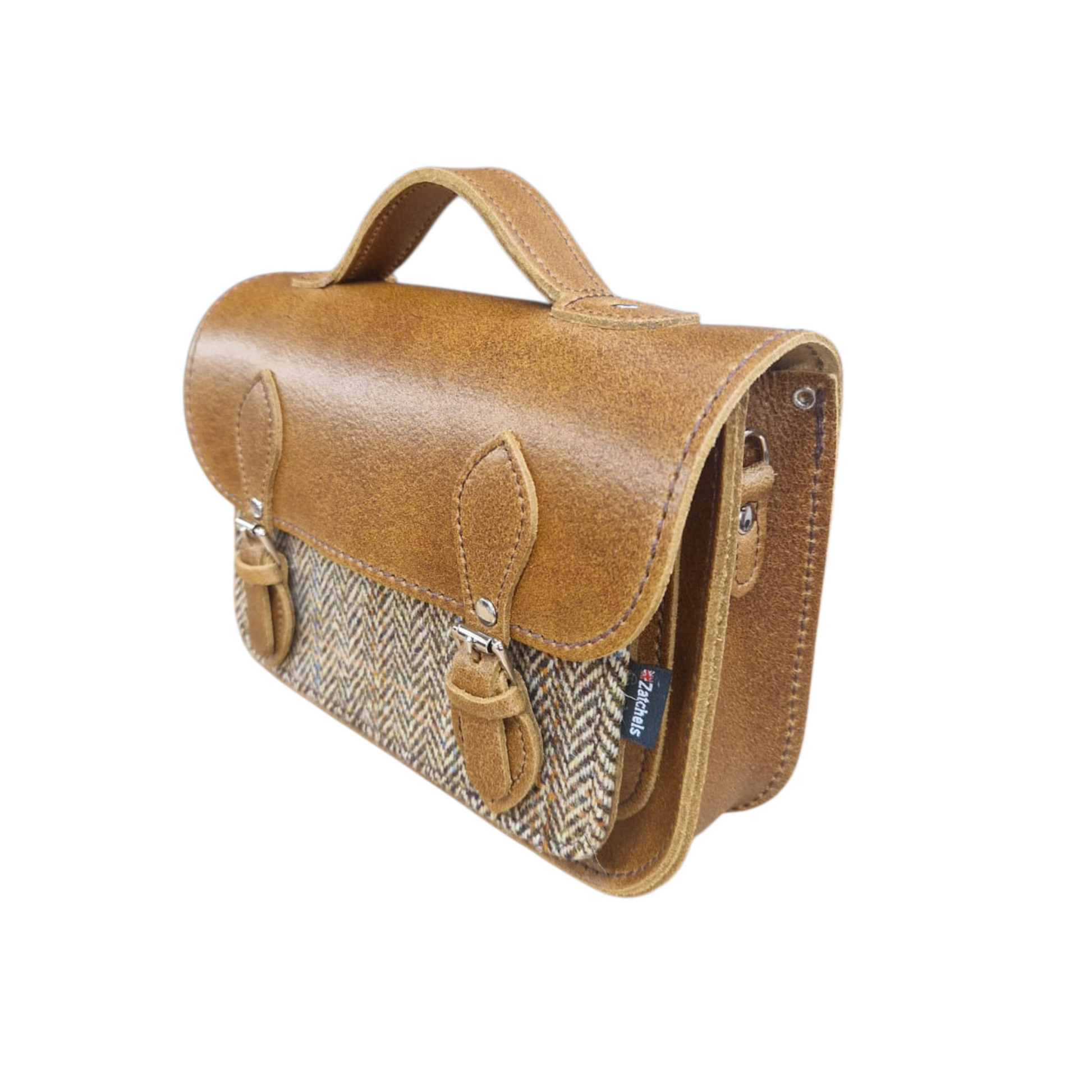 Midi Tan and Tweed Satchel Leather Handbag