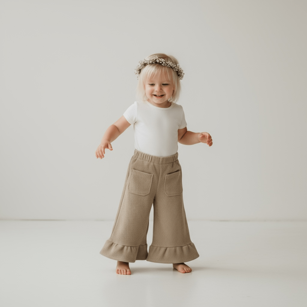 Taupe Cotton Corduroy Ruffle Hem Trousers for Children