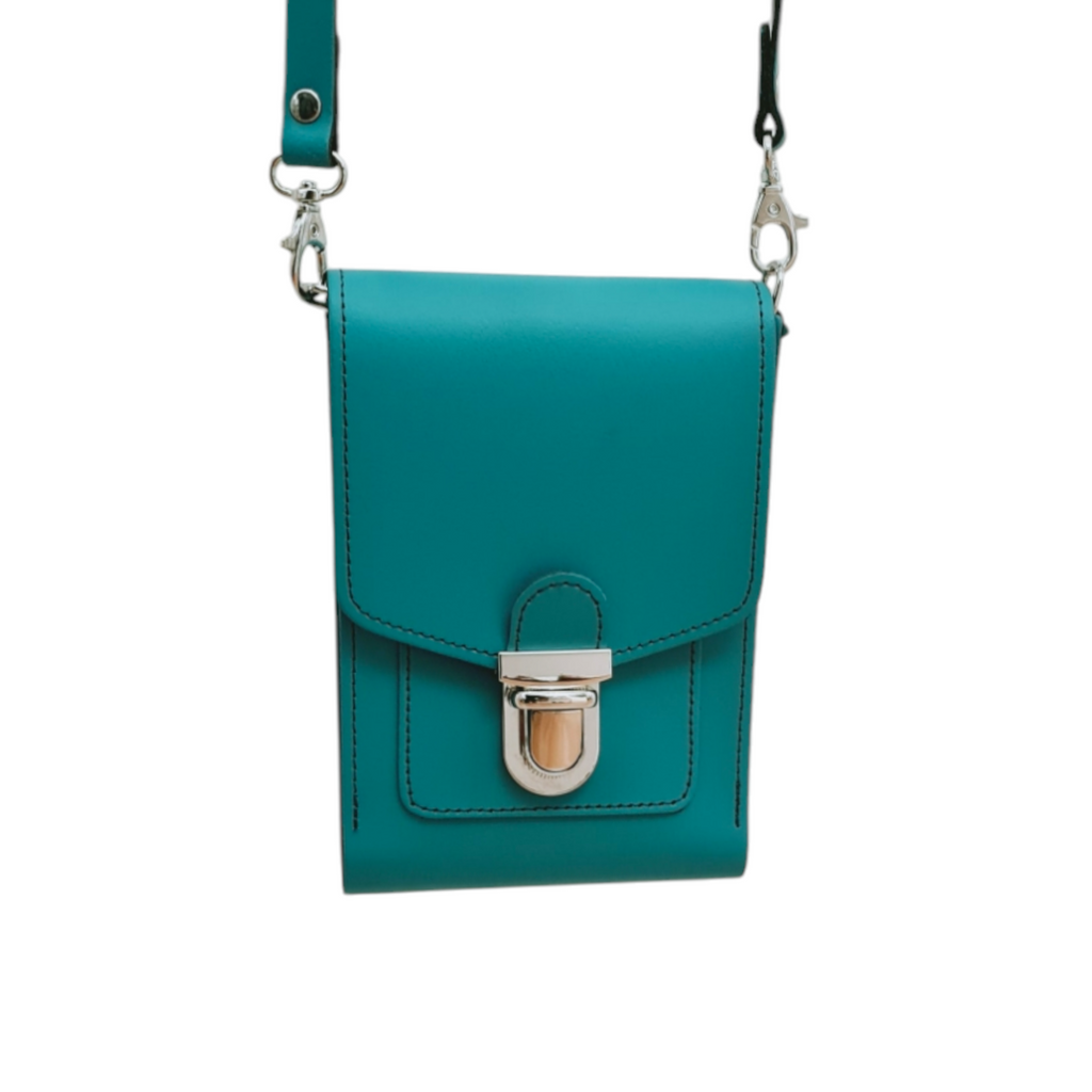 Teal Leather Crossbody Phone Case with Push Lock