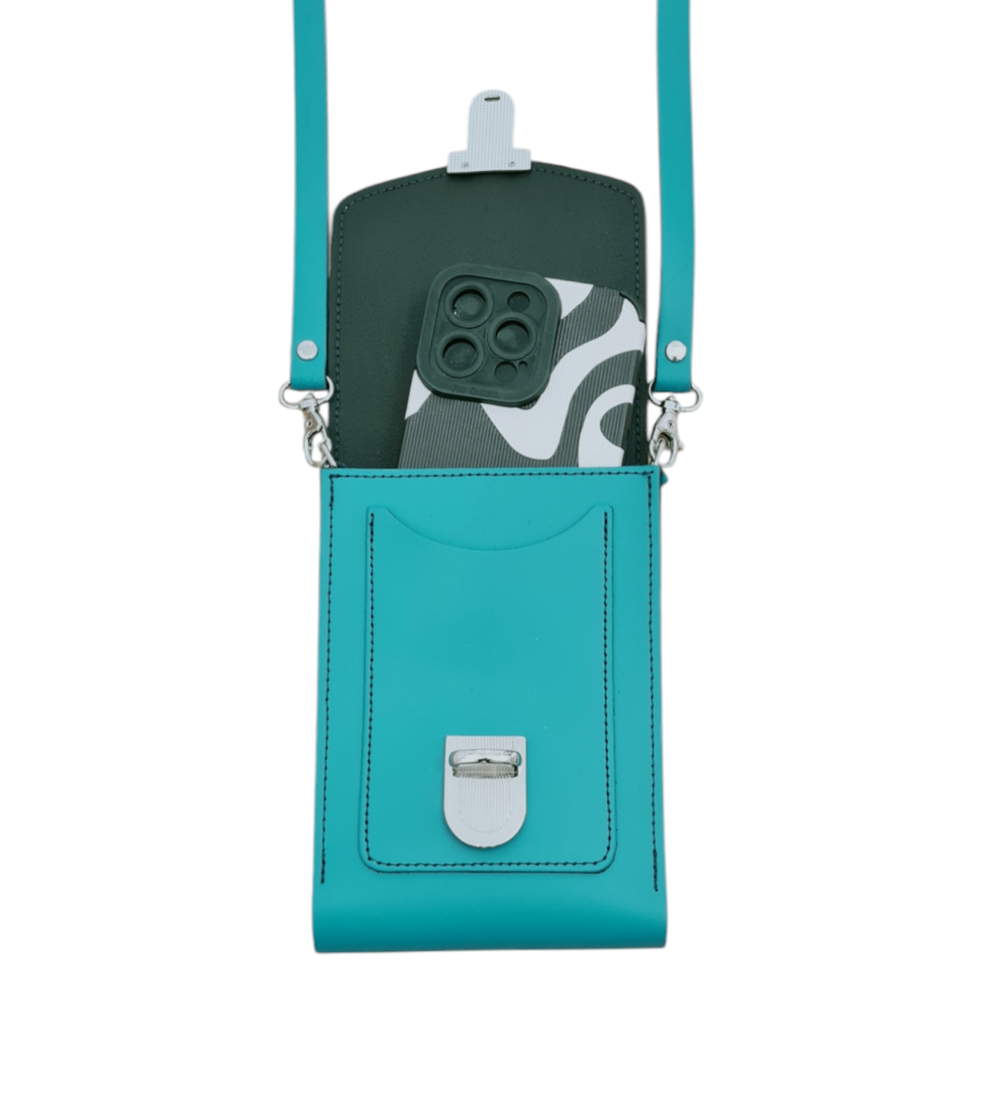 Teal Leather Crossbody Phone Case with Push Lock