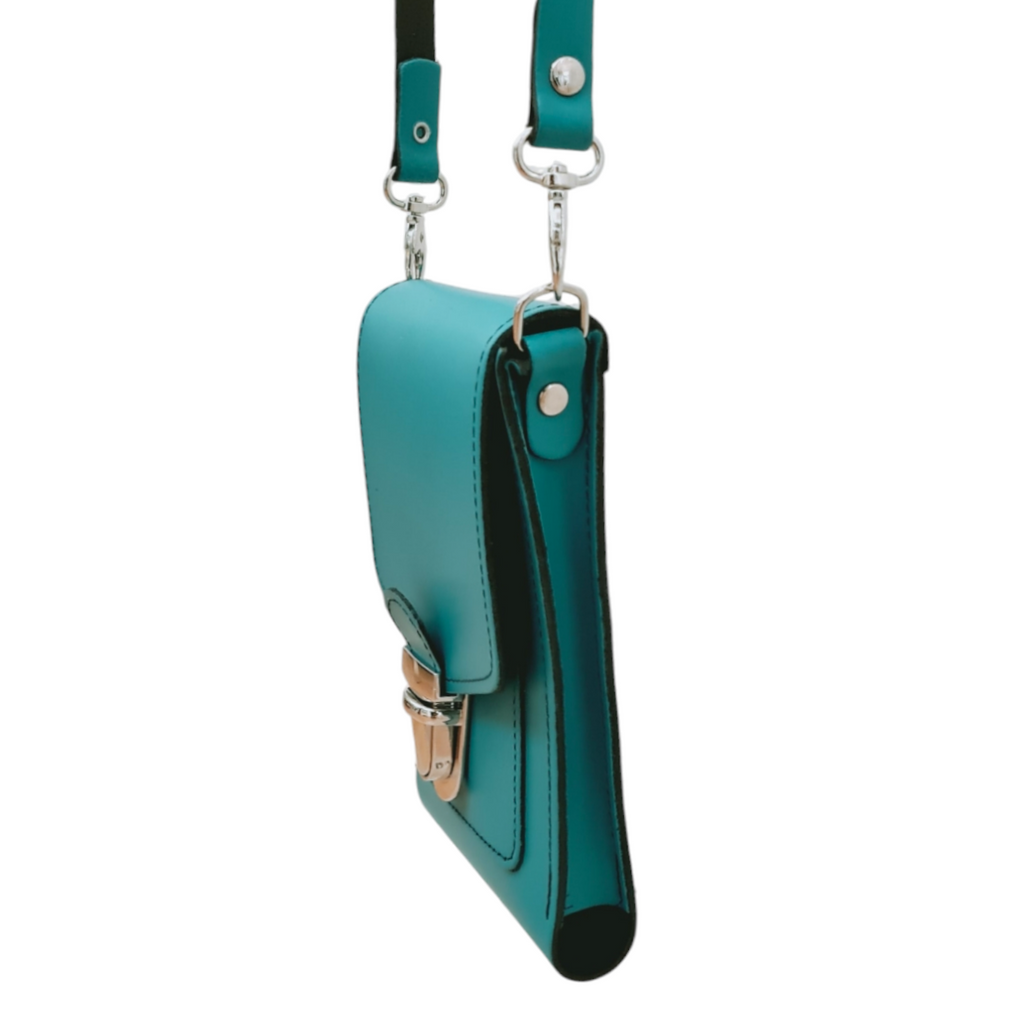 Teal Leather Crossbody Phone Case with Push Lock