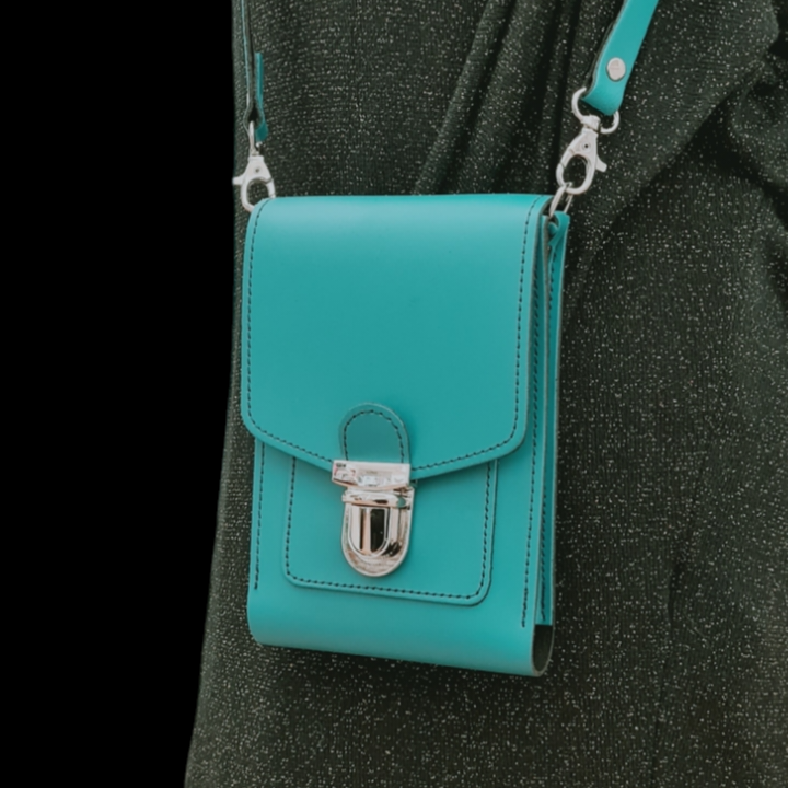 Teal Leather Crossbody Phone Case with Push Lock