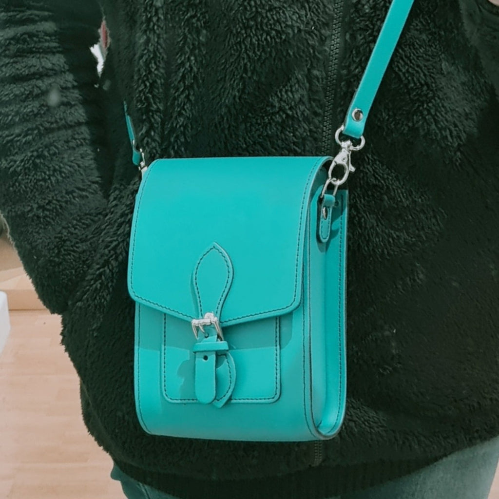 Handmade Leather Festival Phone Bag in Teal