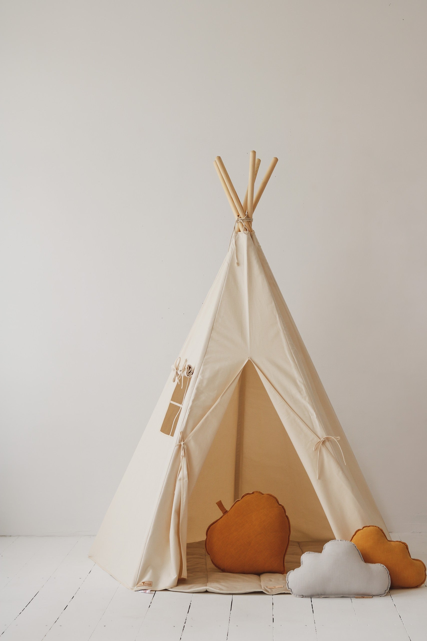 bold beige kids teepee tent with pine poles and cotton fabric, ready for adventure