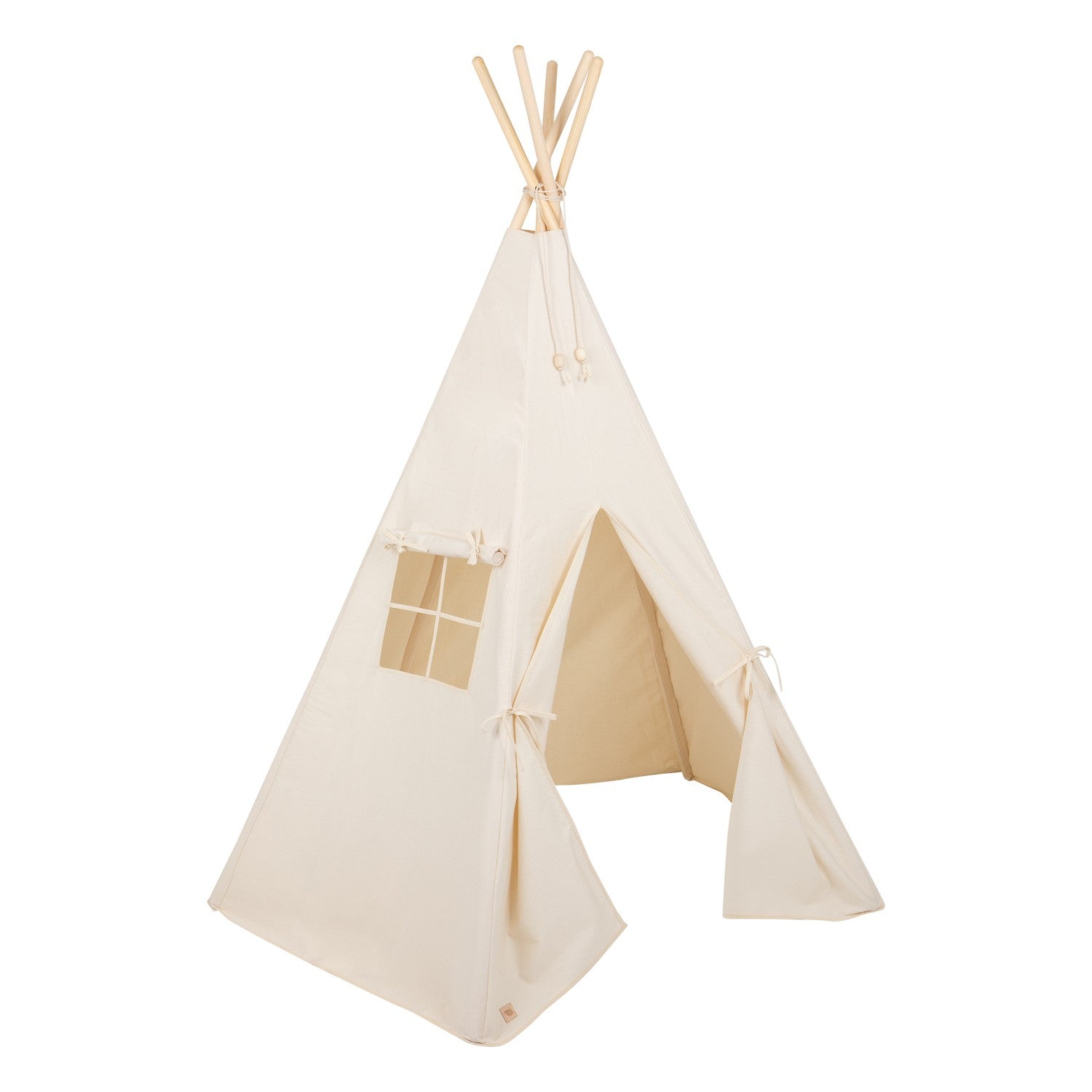 a child peeking out from the beige teepee's curtained window, a moment of playful discovery
