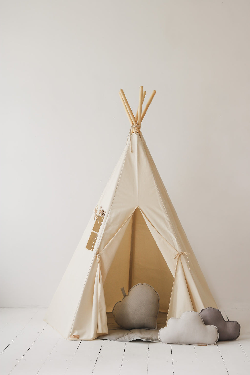 elegant beige kids teepee tent with window curtain, showcasing refined handmade polish craftsmanship
