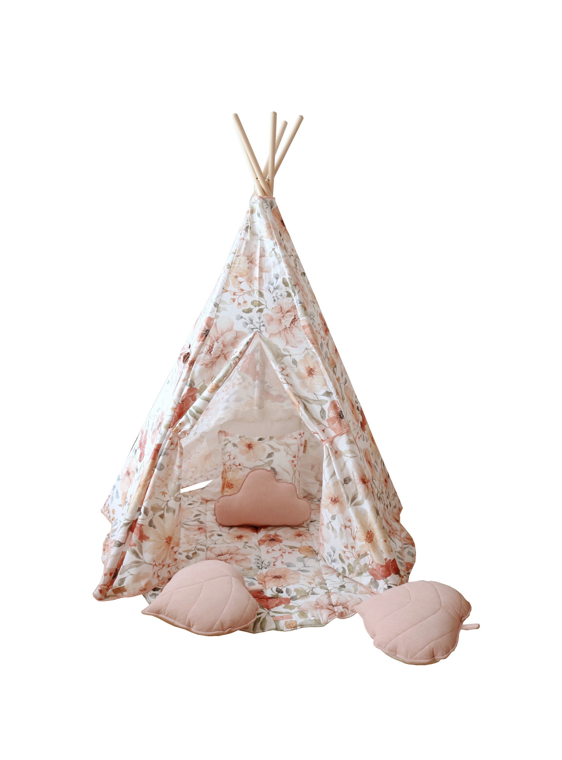 kids cotton teepee tent with hand-painted floral pattern and treasure pocket in a cozy indoor setting