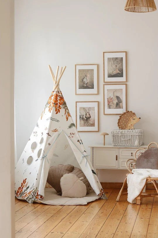 a cozy forest friends teepee tent in a soft morning light, perfect for quiet indoor play