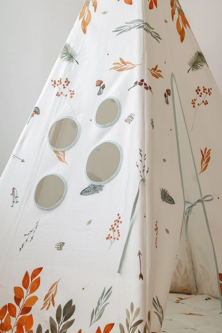 elegant handmade teepee tent with soft cotton fabric and pine poles, displayed in a refined nursery setting