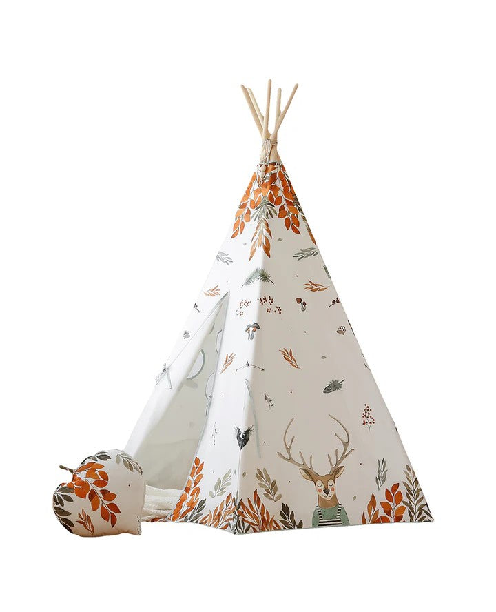forest friends teepee tent with a soft morning glow filtering through the natural cotton fabric