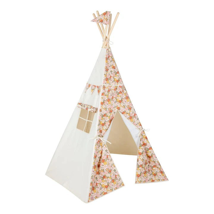 green garden teepee tent with floral print, pine poles, and curtained window, set up in a sunlit playroom