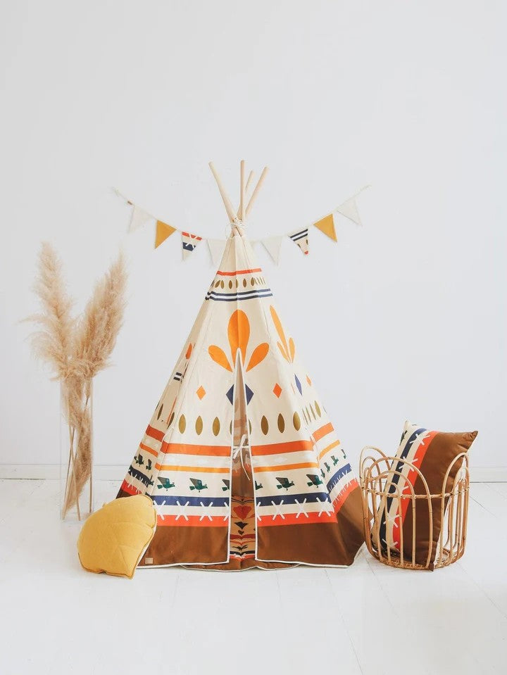 soft-lit cotton teepee tent with tribal prints, pine poles peeking out, cozy indoor play space