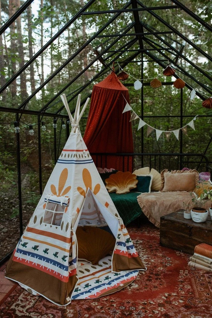 functional teepee tent with sturdy pine poles and bold geometric prints, ready for indoor or outdoor play