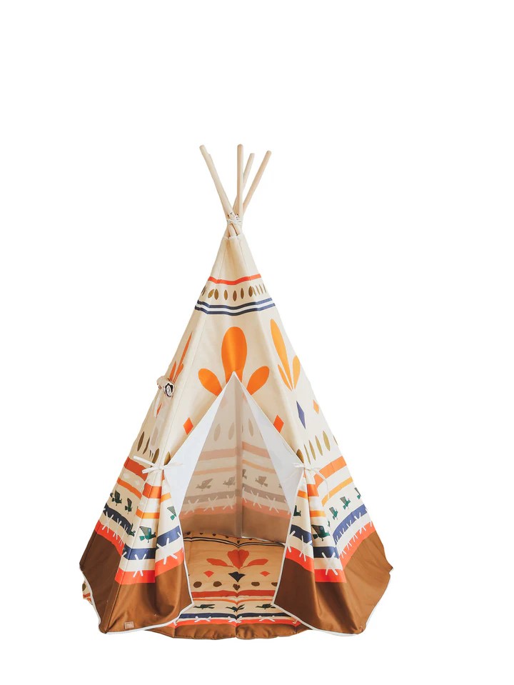 native vibe teepee tent with bold geometric prints, sturdy pine poles, and cotton cover for indoor or outdoor play