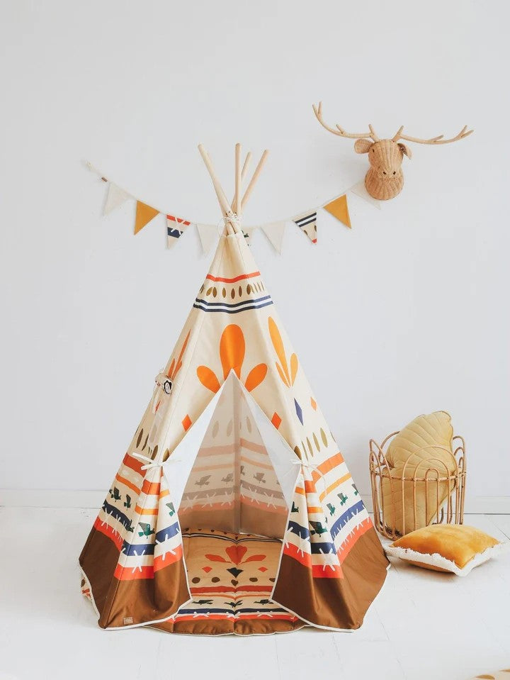 native vibe teepee tent with bold geometric prints, sturdy pine poles, and cotton cover for indoor or outdoor play