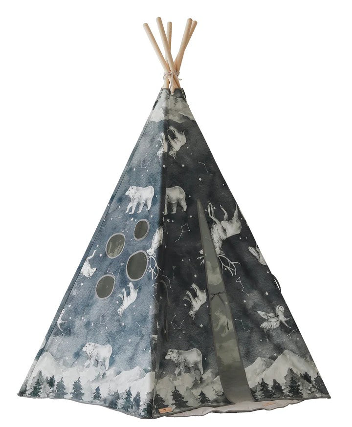playful teepee tent with starry animal pattern, pine poles, and cozy cotton fabric for indoor-outdoor adventures