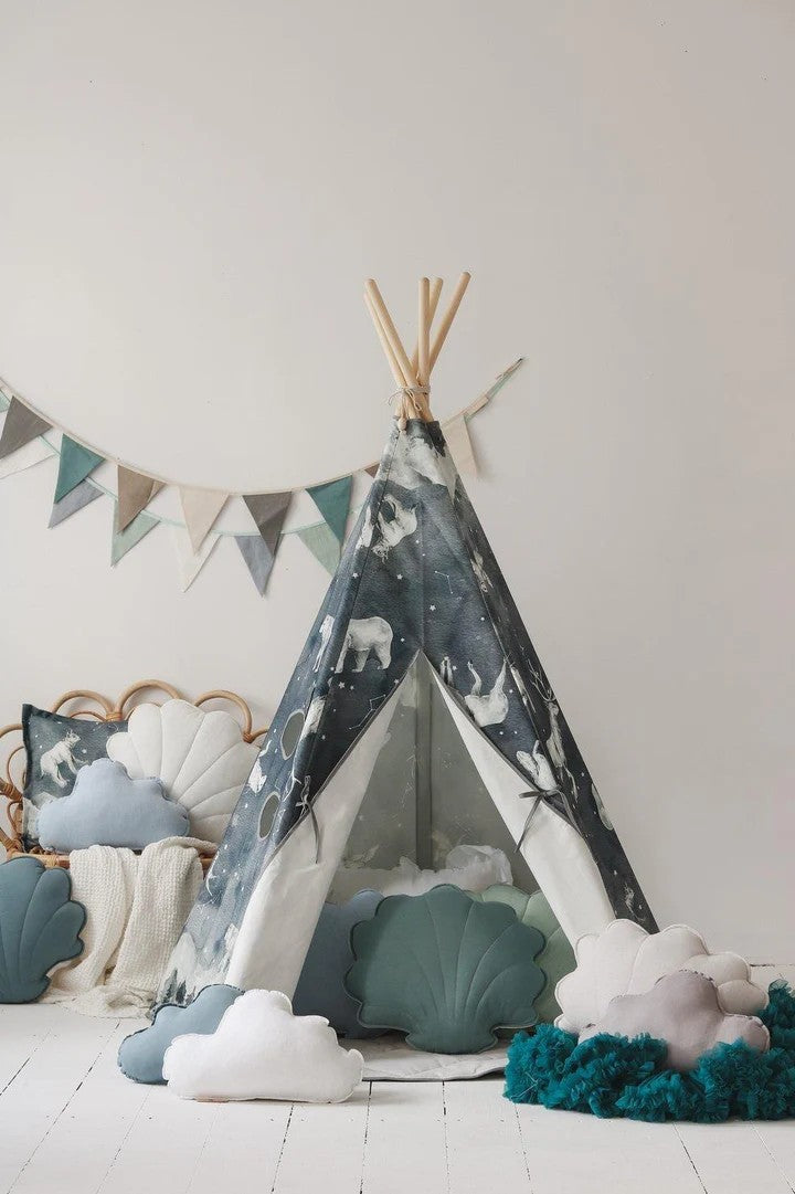 elegant night sky teepee tent with starry animal pattern, pine poles, and cozy cotton fabric for indoor-outdoor adventures